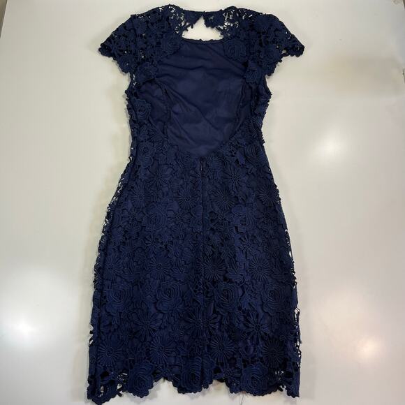 Lulus XS Backless Lace Mini Dress Cap Sleeve Bodycon‎ Lined Navy Blue Cocktail - Picture 2 of 10